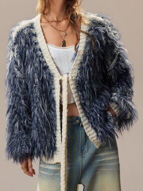 Navy Blue Casual Women's Contrast Faux Fur Fuzzy Cardigan